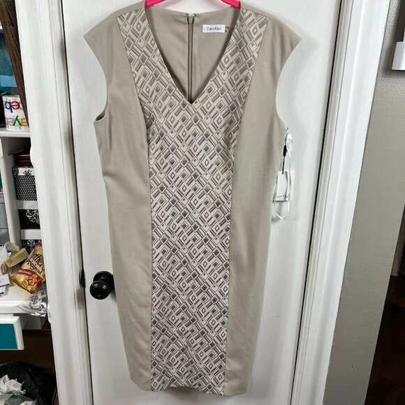 Calvin Klein khaki and geometric print color locked a-line dress.  Size 12 - Picture 1 of 9